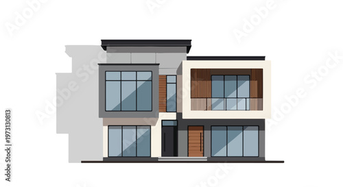 Modern Architectural Design Two-Story Residence with Large Windows and Balcony, Minimalist Facade Study