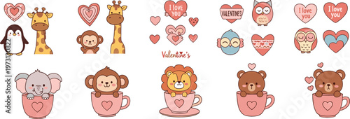 Cute valentine animal collection vector set with giraffe monkey owl penguin bear hearts love cartoon illustration isolated on white background