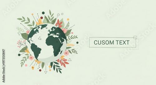 Earth surrounded by colorful flowers and leaves on light green background with custom text space for eco or environmental themes