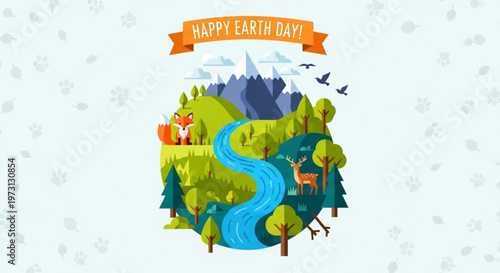 Happy earth day illustration with river mountains trees animals and banner