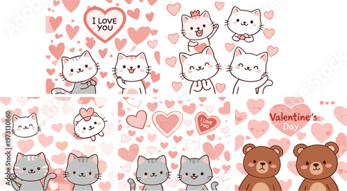 Cute valentine cats and bears vector collection set with hearts love characters romantic cartoon illustration isolated on white background for kids design