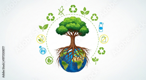 Earth with tree and eco friendly symbols around it representing sustainability and environmental conservation