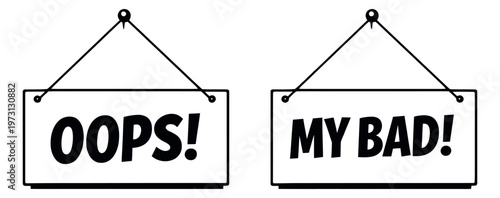 Simple line art hanging signs set featuring 'Oops!' and 'My Bad!' messages for conveying apology