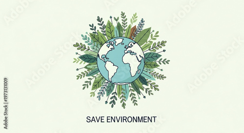 Earth surrounded by green leaves and foliage with 'save environment' text eco friendly concept