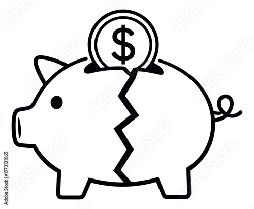 Line art illustration of a broken piggy bank depicting depleted savings for financial concept