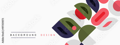 Abstract geometric shapes overlap, creating modern background design. Colors include red, green, purple, gray. Minimalist style.