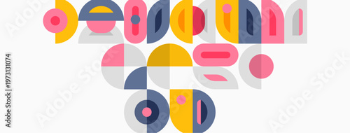 Abstract geometric shapes, circles, semicircles, rectangles. Pastel colors dominate composition, creating playful visual texture.