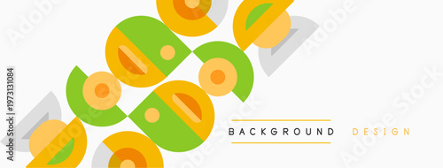 Abstract geometric shapes overlap, creating vibrant background. Yellows, greens, grays dominate design. Minimalist aesthetic, modern feel.