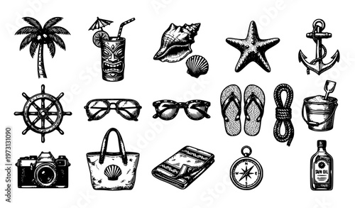 Hand drawn doodle beach summer icon set with tropical palm trees cocktails and nautical vacation elements vector