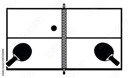 Minimalist line art table tennis icon set featuring a ping pong table, two paddles, and a ball for sport and recreation design