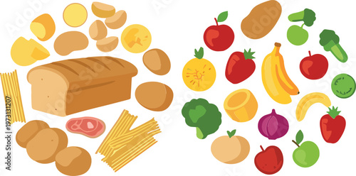 Food ingredients vector collection set with bread pasta potatoes fruits vegetables meat illustration isolated on white background for cooking design