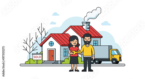 Couple receives keys to new home with moving truck and sold sign indicating successful property transaction