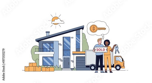 Happy Couple Celebrates New Home Purchase with Keys and Sold Sign Beside a Modern House and Moving Truck