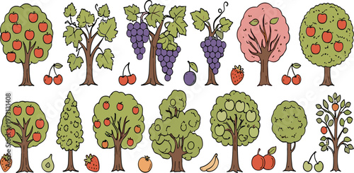 Fruit trees vector collection set with apple grape cherry banana strawberry orchard plants illustration isolated on white background for nature design