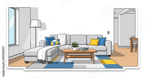 Contemporary living room interior design featuring a sectional sofa and modern decor, creating a cozy and inviting atmosphere for relaxation and