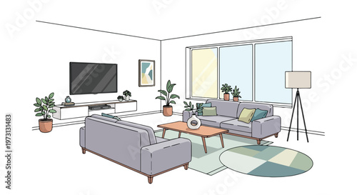 Cozy contemporary living room interior with modern furniture and plants bathed in natural light from large windows