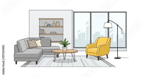 Modern Living Room Illustration Featuring a Gray Sectional Sofa and Yellow Accent Chair with Cityscape View