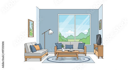 Cozy living room illustration with a large window showcasing a lush green outdoor landscape and comfortable seating arrangements for relaxation and