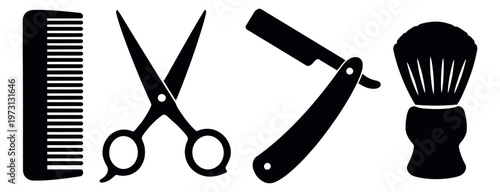 Modern graphic barber tools set featuring a comb, scissors, a straight razor, and a shaving brush for professional grooming services