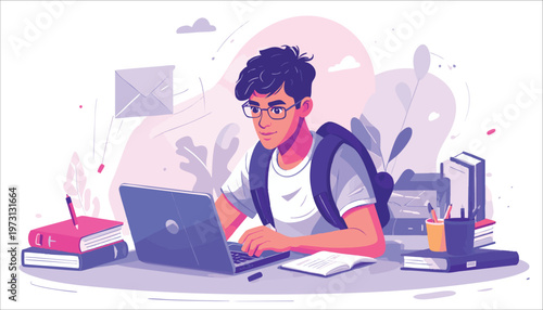 Illustration of a young man working on a laptop surrounded by books and stationery on a desk