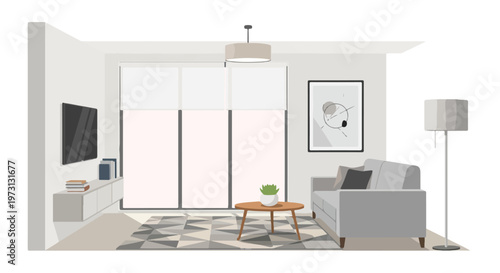 Minimalist living room interior with modern furniture and geometric art, bathed in natural light from large windows
