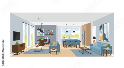 A Spacious Open-Concept Living and Dining Area Featuring Modern Furniture and Artwork