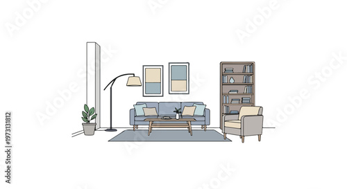 Minimalist living room scene with a blue sofa, armchair, bookshelf, and coffee table, rendered in a clean line art style, evoking a sense of calm