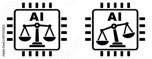 Simple graphic AI ethics icon set featuring microchips with balanced and unbalanced justice scales for conceptualizing artificial intelligence principles