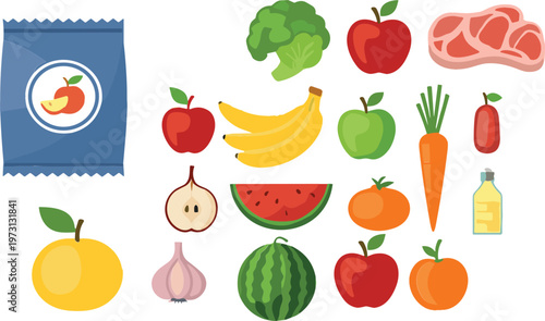 Healthy grocery food vector collection set with fruits vegetables meat oil package illustration isolated on white background for nutrition design