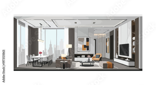 Sophisticated modern apartment interior design showcasing a dining area and living room with city views