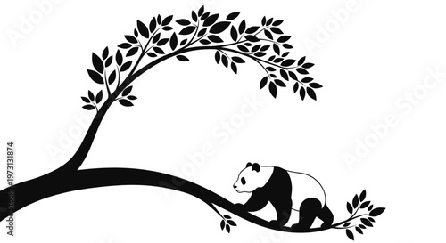 Minimalist Panda Bear Walking on Tree Branch Illustration