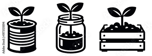Graphic plant seedlings set featuring sprouts in a can, jar, and wooden crate for eco-friendly gardening projects