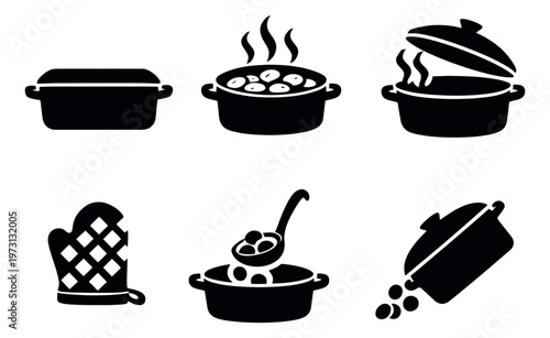Flat design kitchenware icons set featuring different cooking pots, a ladle, and an oven mitt for culinary projects and meal preparation
