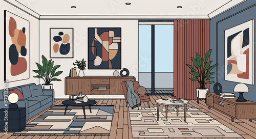 Stylized illustration of a modern living room with abstract art and cozy furnishings, evoking a serene ambiance