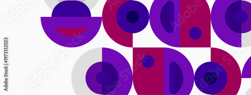 Abstract geometric shapes, purple hues dominate. Circles, semicircles create playful pattern. Minimalist design, modern aesthetic.