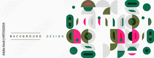 Abstract geometric shapes, circles, rectangles overlap. Green, red, black colors dominate light background. Modern design element.