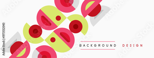 Abstract geometric shapes, circles, lines create modern background. Bright colors, pink, yellow, red contrast with white space.