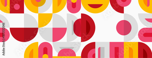 Abstract pattern features geometric shapes. Red, yellow, gray tones create playful composition. Simple forms repeat across white background.