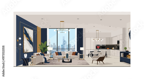 Modern minimalist apartment living room and kitchen with city skyline view featuring elegant furniture and artistic decor