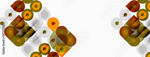 Abstract geometric pattern. Squares, circles overlap creating retro aesthetic. Warm colors dominate neutral background. Simple design.