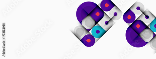 Abstract geometric pattern. Purple, teal, pink circles overlap white squares. Minimalist design, modern aesthetic, clean lines present.