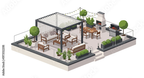 Chic isometric rooftop oasis featuring a modern pergola, outdoor dining, grill, and cozy seating areas perfect for urban relaxation