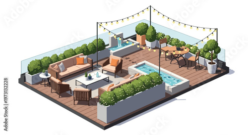 Serene urban rooftop oasis featuring comfortable seating, tranquil water features, and ambient string lighting creating a luxurious outdoor living