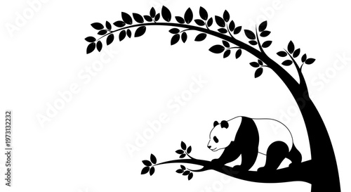 Minimalist Giant Panda Silhouette Walking on a Tree Branch