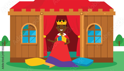 vector A Black King in a Cardboard Castle Plays with Toys