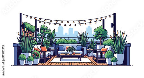 Idyllic urban rooftop oasis with comfortable seating and lush greenery overlooking a city skyline at dusk adorned with string lights