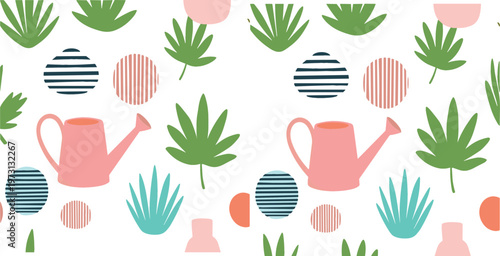 Modern abstract botanical seamless pattern vector with watering can plants leaves geometric shapes pastel illustration isolated on white background