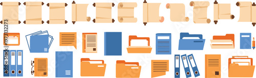 Office and document management vector collection with file folders, scrolls, binders, and paperwork isolated on white background