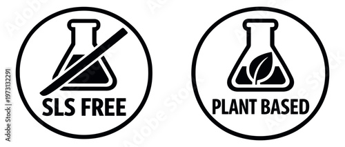 Line art icon set featuring SLS free and plant based symbols with laboratory flasks for product packaging and natural cosmetics