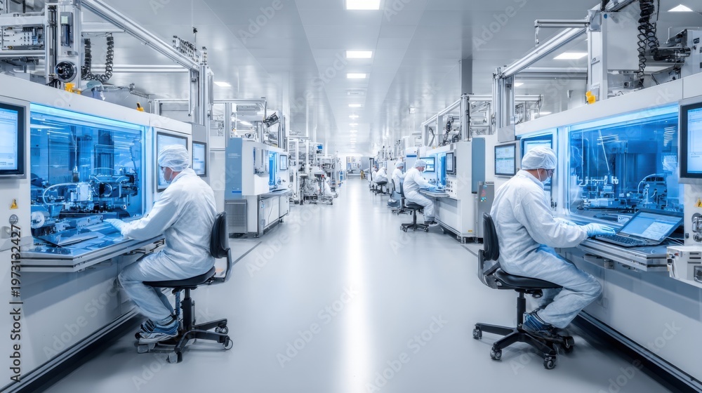 Fototapeta premium Professional technicians in protective suits work within a sterile cleanroom facility for advanced electronics or pharmaceutical industrial manufacturing processes